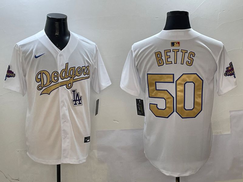 Men Los Angeles Dodgers #50 Betts White Champion gold character 2025 Nike MLB Jersey style 13->los angeles dodgers->MLB Jersey